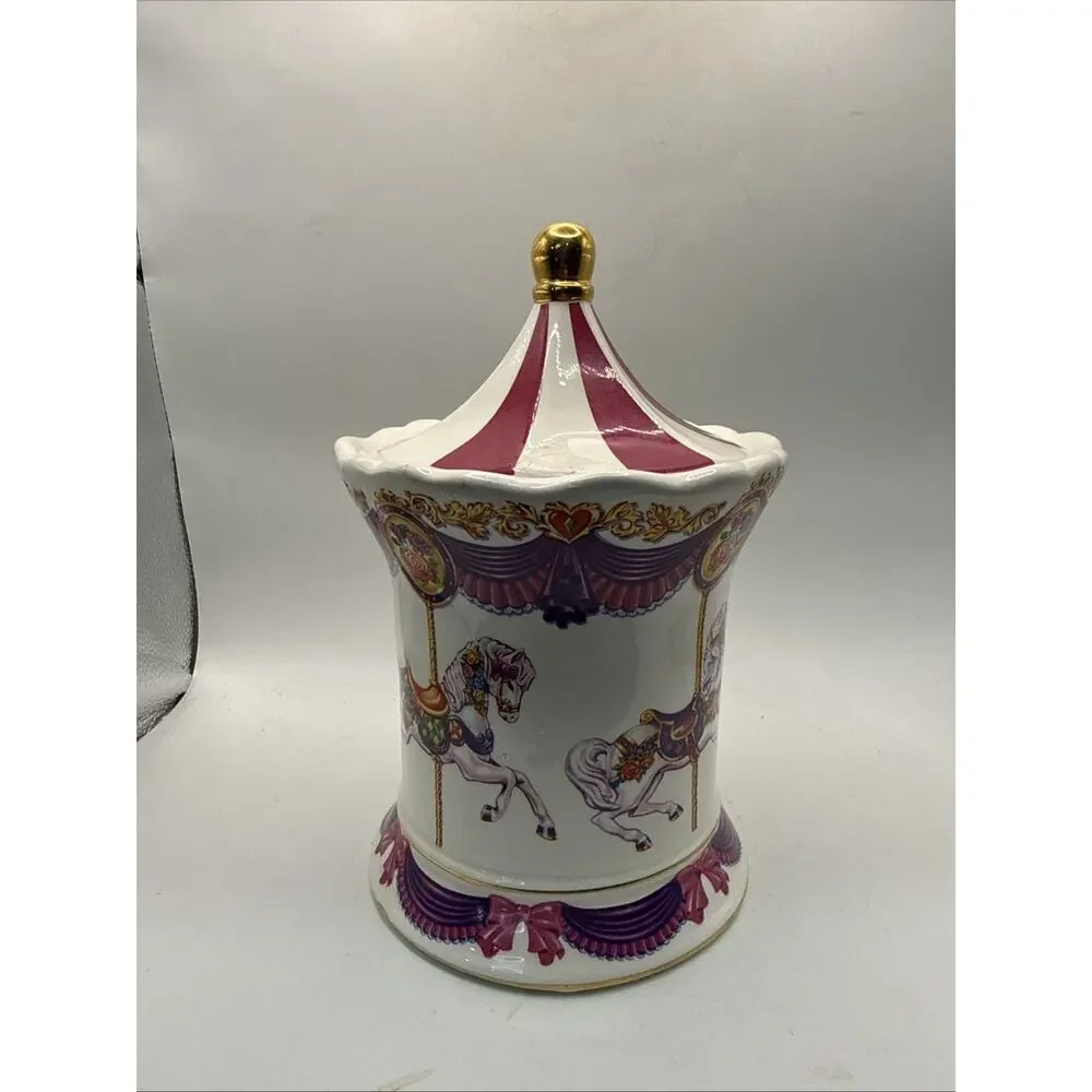 Telaflora 8” Horse Carousel Waltz MUSIC BOX Planter/Candy Dish w/Lid Holder *